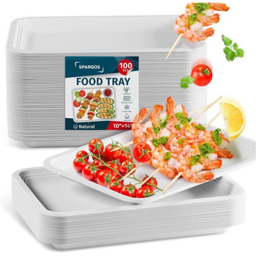 100 Pack Disposable Food Trays Large 14 Inch Compostable Paper Plates BBQ Party